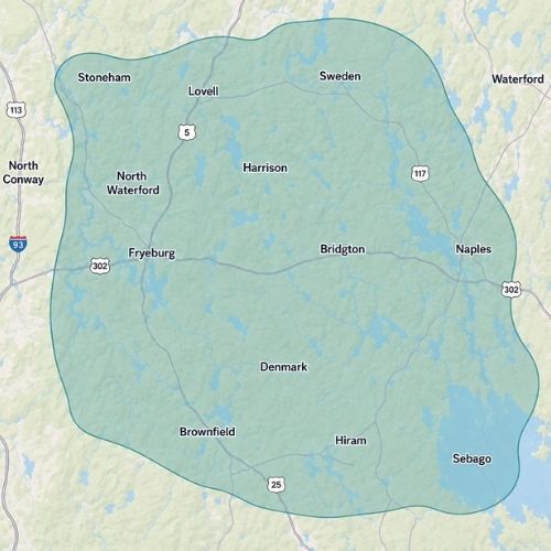 Map showing The Clean Reset Co. service area around Bridgton, Fryeburg, Denmark, Sebago, Sweden, Lovell, Brownfield, and nearby western Maine towns.
