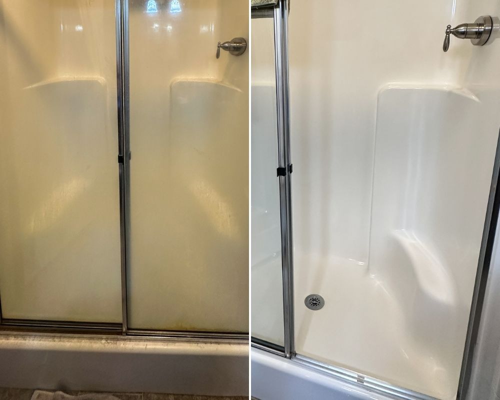 Before-and-after view of a shower with heavy buildup, showing the walls and shower base cleaned during a Reset Cleaning.