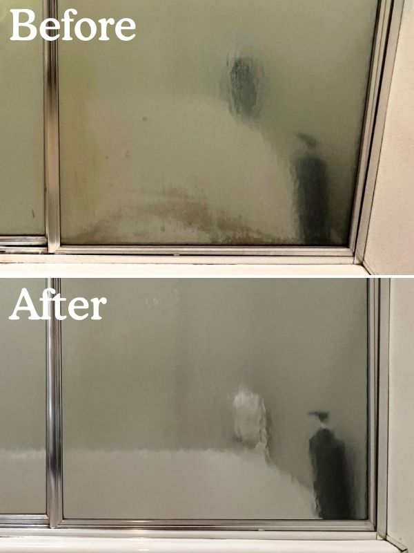 Before-and-after photo of a glass shower door with heavy mineral and soap buildup, followed by a much cleaner glass surface after cleaning.